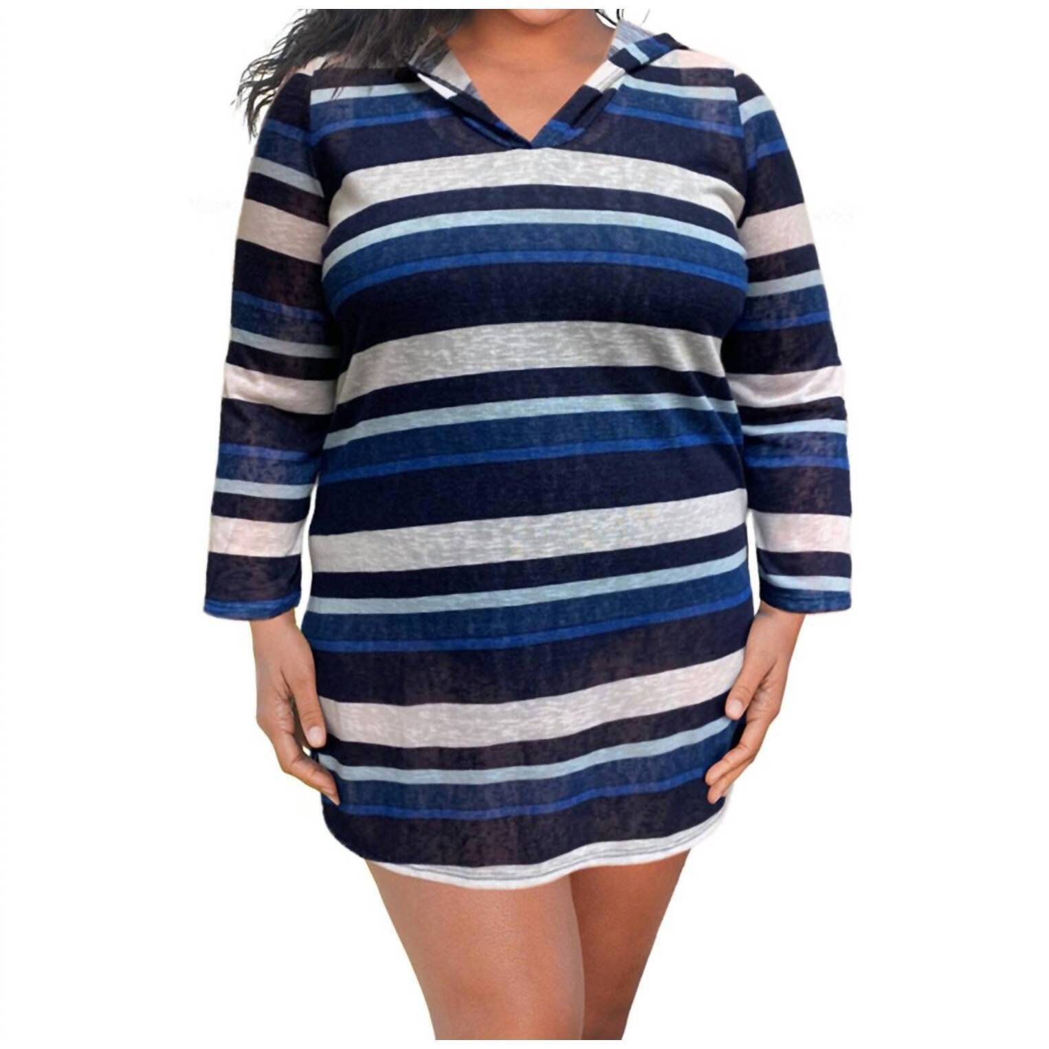 New Always For Me Plus Size Long Sleeve Hooded Cover Up Tunic In Blue Stripe